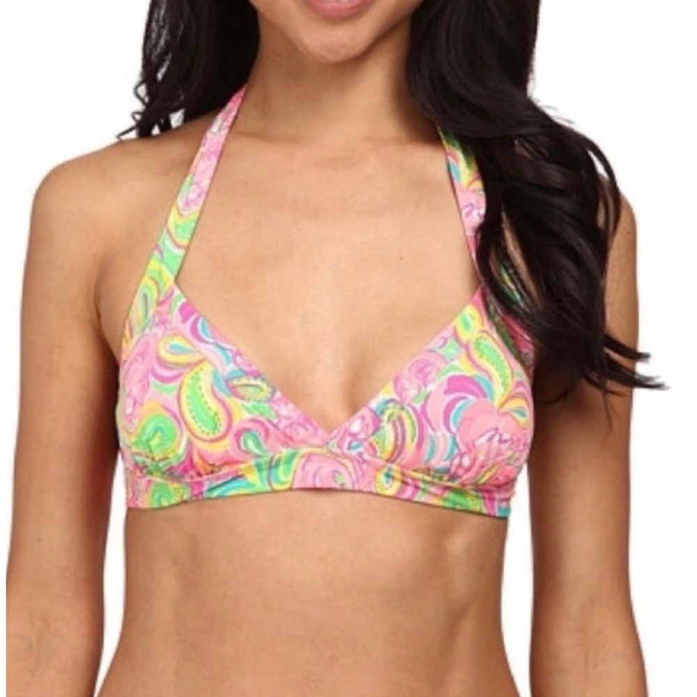 Lilly Pulitzer‎ Get Trunky Halter Bikini Top Pink Green Paisley Size L